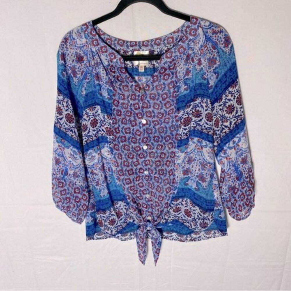Fig And Flower Blue Red White Multi Print Boho tTie Front Semi Sheer Blouse M